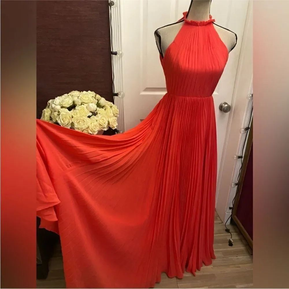 Fame and Partners Vibrant Orange Pleated Maxi Dress, US0